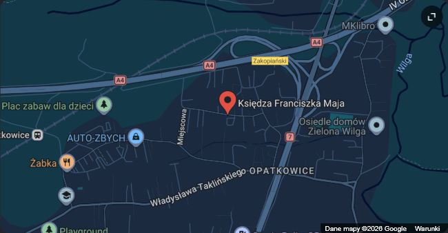 Mapa Google pokazująca lokalizację przy ulicy Księdza Franciszka Maja w Krakowie Opatkowicach